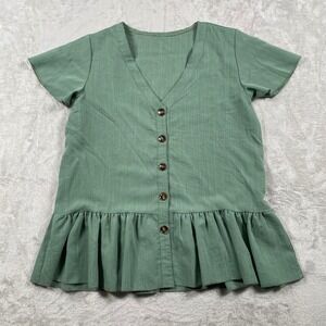 Green Ruffle Hem Button Front Top Short Sleeve Lightweight Blouse Casual